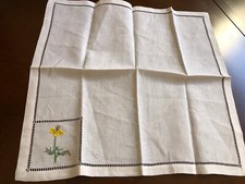 White Cotton hand made Yellow Flower Embroidery Accent Tea Table Cloth 22" x 21"