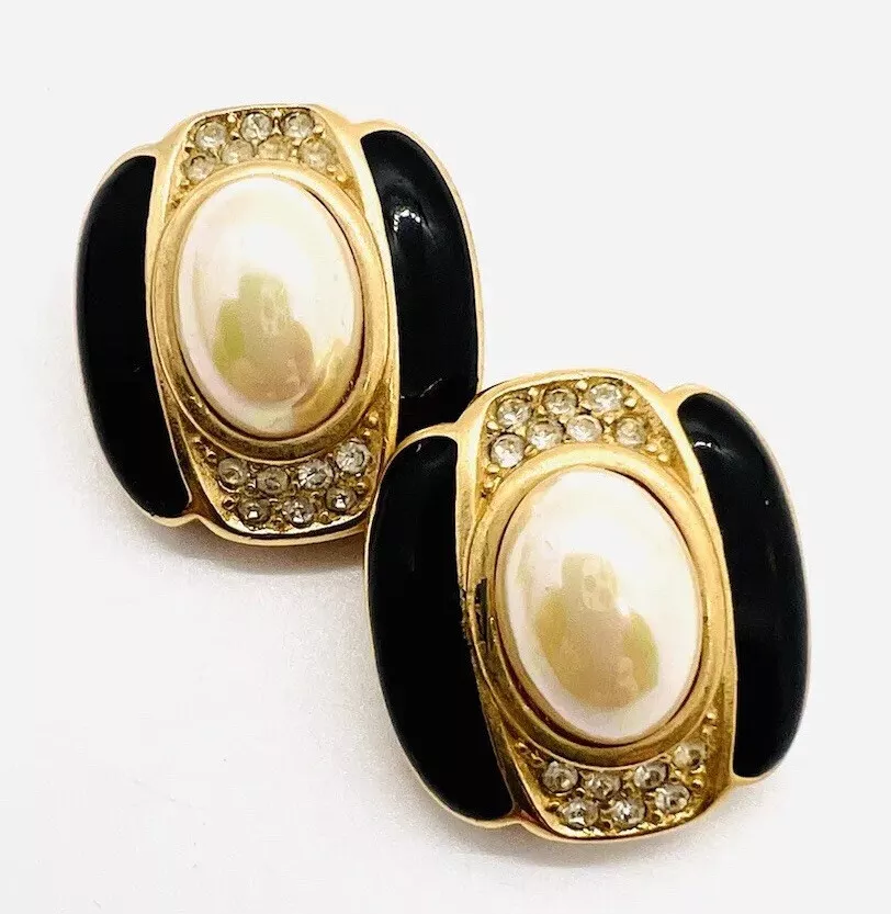 Boucles d'oreilles CHRISTIAN DIOR émail noir fausse perle et strass bijou vintage