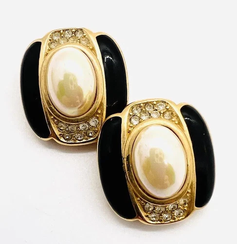 CHRISTIAN DIOR Black Enamel Faux Pearl& Rhinestone Earrings Vintage Jewelry