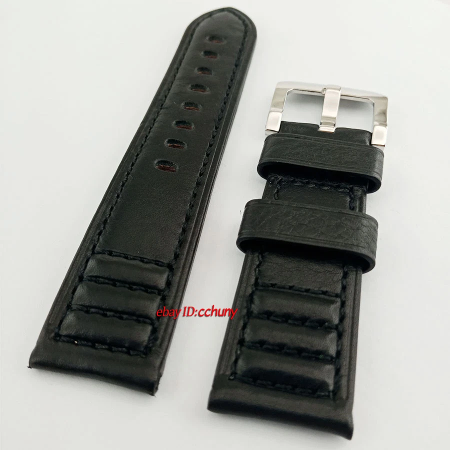 Correa de reloj Parnis 24 mm hecha a mano cuero negro suave hebillas de pulido P782 Foto 4 de 4