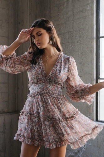 AURA the Label NWT Boho Floral Mini Puff Sleeve Dress Size Small