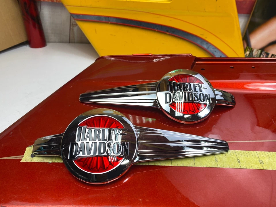 OEM Harley 00-17 Softail Heritage Deluxe Fuel Tank Emblems Chrome Red Gas Badges - Image 4 of 4