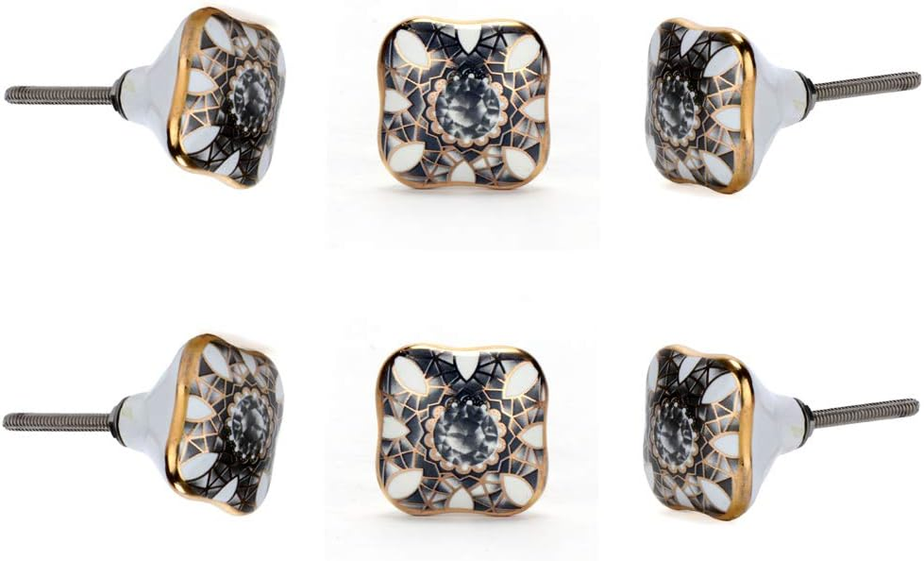 Set of 6 Cadia Knob (Ceramic with Real Gold) Decorative round Knobs for Home Kit