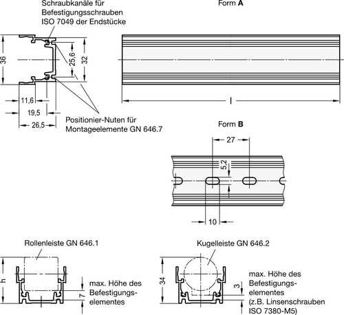 Trägerprofil für Roll-/Kugelschienen, 2430mm lang, mit Befestigungsbohrungen - Afbeelding 2 van 2