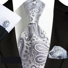 Classic Paisley Gray Silver Jacquard Silk Men's Tie Necktie Hanky Cufflink Set