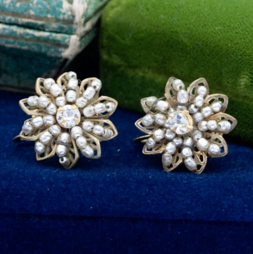 Vintage Signed Miriam Haskell Faux Pearl Gold Filigree Earrings Great Gift Idea