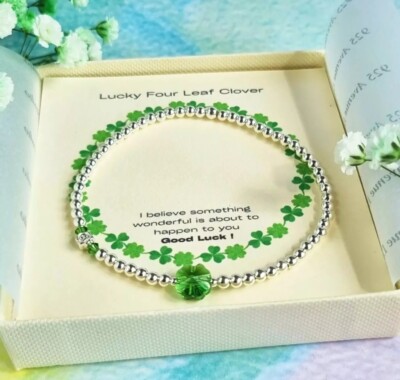 925 Sterling Silver Good Luck leaf Clover Bracelet Genuine Crystal fern  green UK