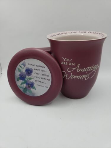Amazing Woman Mug with Lid-Ceramic Purple Tea Cup with Coaster/Lid, Holds 14 Oz. - Picture 1 of 8