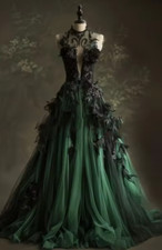 A-Line Green Black Tulle Long Wedding Dresses Back Lace Applique Bridal Gowns