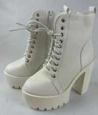 Womens Size 38 White Leather Platform Chunky High Heeled Boots Cosplay Costume