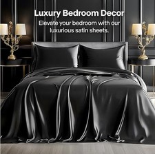 LUXURY Satin Sheets Queen Size Bed Set Soft Black Silky Hair Skin WE SHIP OVERSE