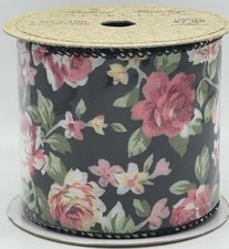 Robert Stanley Collection Black W Pink & White Rose Wired Edge Ribbon 2.5”x 18’