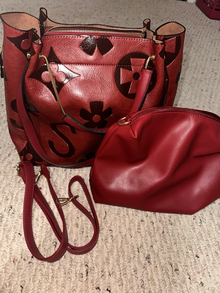 Large dark red Purse Bag embossed floral clover design 2nd removable inner bag
