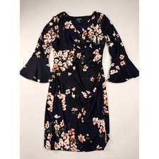 Lauren Ralph Lauren Black Floral Faux Wrap Ruched Bell Sleeve Dress Size 10