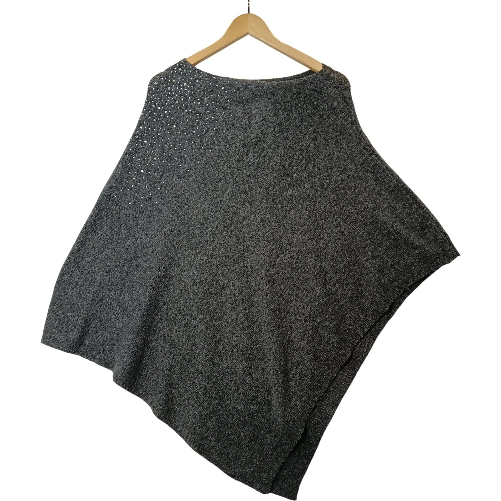 Grey Knitted Poncho One Size Women's Rhinestone Detail Preloved