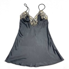 Lucie Ann II Black Satin Nightgown Slip Size S Gold Lace Made USA Sleepwear VTG