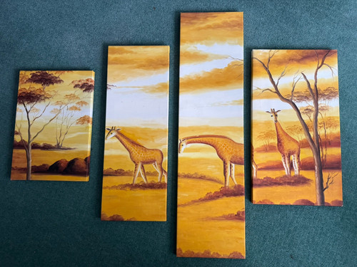 Large 4 Piece Panel Set Wall Art Canvas Pictures Giraffes Sunset Africa Prints - Picture 1 of 4