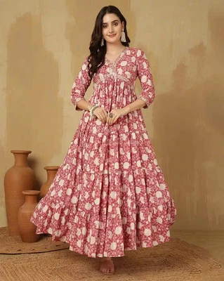 Indian Women Pink & Beige Cotton Printed Anarkali Flared Kurta Kurti Long Dress - Image 1 of 4