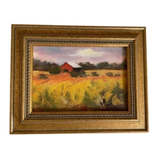 Original Oil Painting Barn Landscape Signed Framed 9.5" x 7.5"