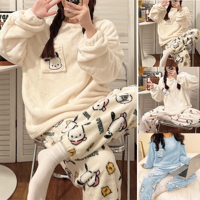 2-Teiler Herbst Winter Frauen Pyjama Schlafanzug Flanell Nachtwäsche Weich