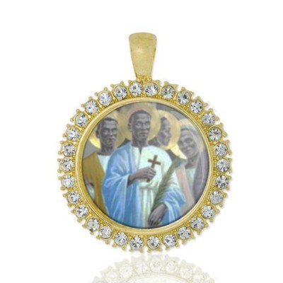 St Charles Lwanga Christian Round Medal Gold Tone Pendant with Rhinestones