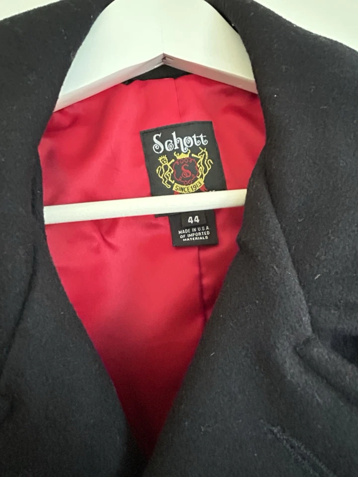 Abrigo de lana con ribete de cuero Schott NYC estilo 740C - azul marino - talla 44 Foto 2 de 4