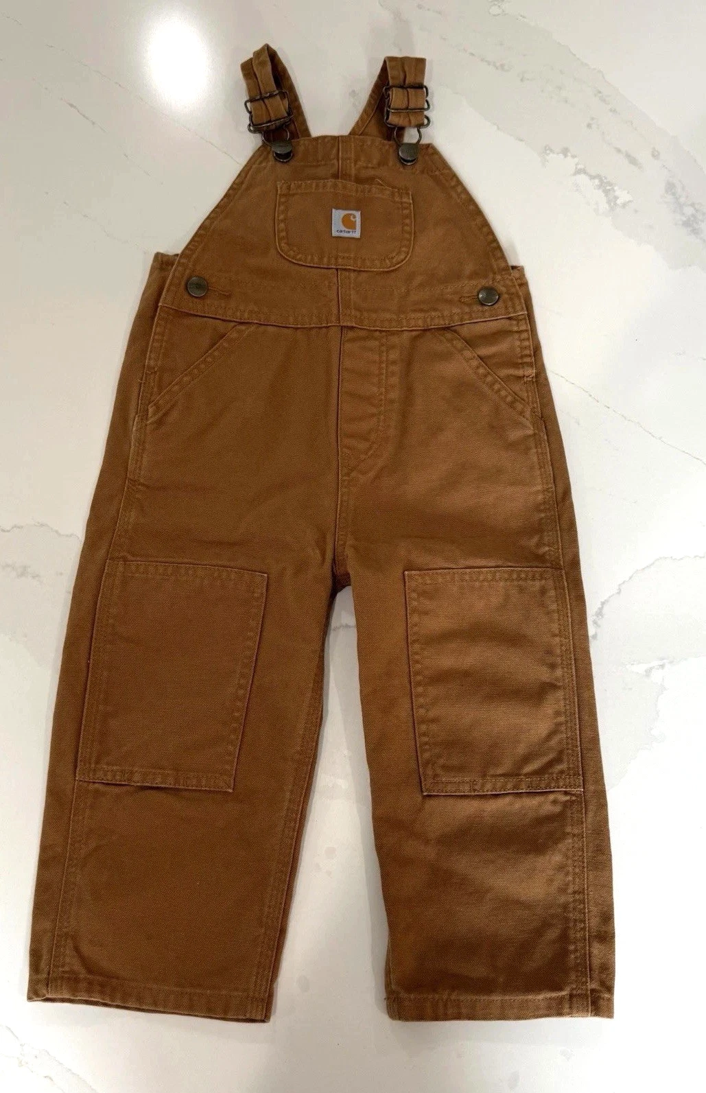 Carhartt Toddler Bib Overalls 2T Brown Canvas Double Knee Logo OX8609-B EUC