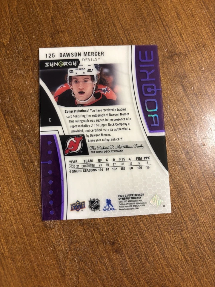 Dawson Mercer 2021 -22 Upper Deck Synergy Purple Rookie Auto #125 Devils /99 RC - Image 2 of 2