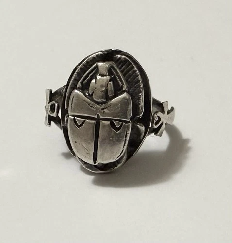 Vintage Sterling Silver Egyptian Revival Scarab Ankh Hieroglyphics Ring Sz 7~10g