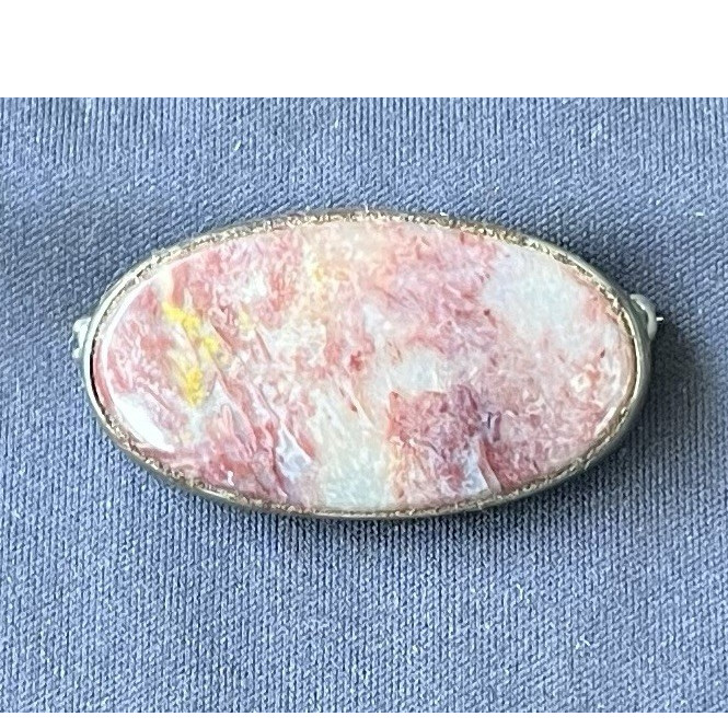 Oval Pink & White Stone Brooch Pin, Bezel Set, Silver Tone, 1.25in