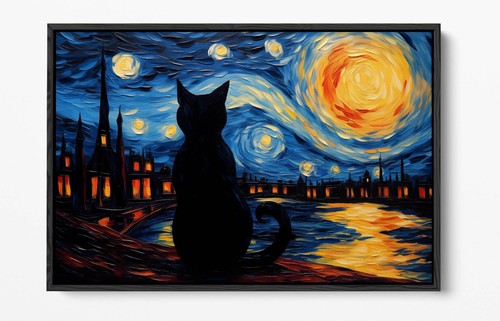VAN GOGH STARRY NIGHT WITH BLACK CAT -FLOAT EFFECT FRAMED CANVAS WALL ART PRINT - Picture 5 of 12