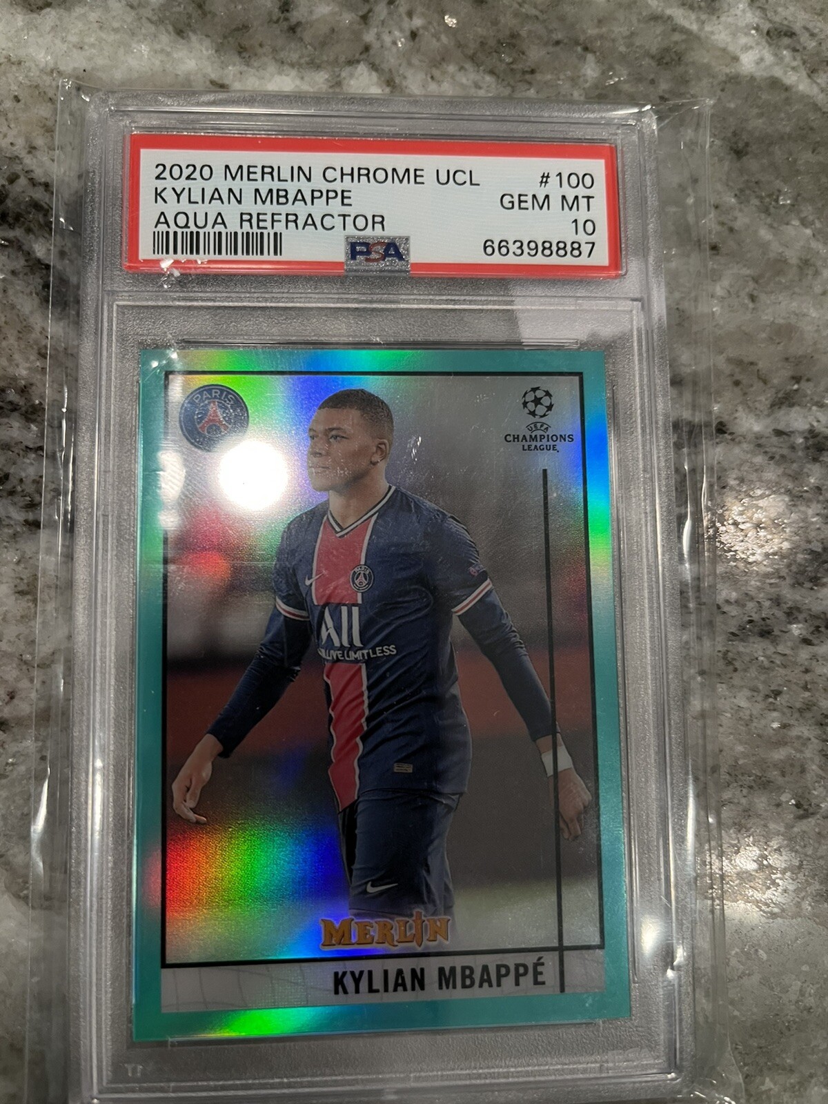 2020-21 Topps Merlin Chrome UCL Kylian Mbappe Aqua Refractor/199 PSA 10