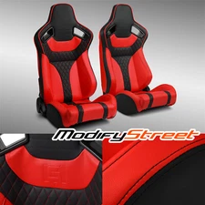 Universal Main Black+Red Side PVC Leather Sport Reclinable Racing Seats Pair
