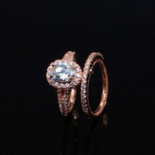 2.4ct Oval Cut Simulated Diamond Ring Rose Gold Plated Trendy Halo Bridal Set