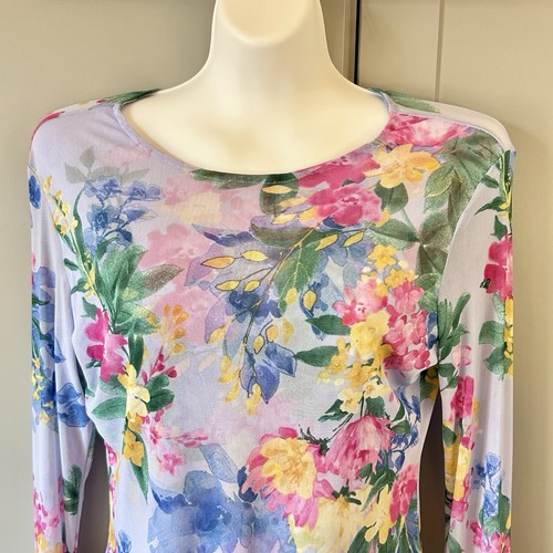 Women's Blue Sheer Floral Long Sleeve Top Size Large Y2K Style rose and grey - Picture 3 of 11
