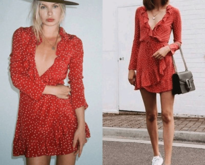 Realisation Par The Alexandra Mini Dress Red Stars 100% SILK Wrap Dress size S