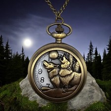 Wolf 2 Wolves Howling Werewolf Full Moon Pocket Watch Quartz Great Gift