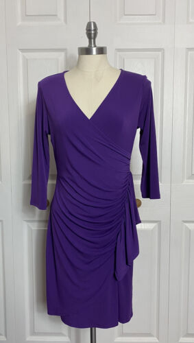 New York & Company Size Small Purple Faux Wrap Dress Ruched Draped V Neck S - Afbeelding 1 van 5