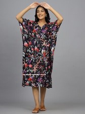 Indien Noir Imprimé Oiseau Coton Caftan Court Femme Pyjama Caftan Plage Robe