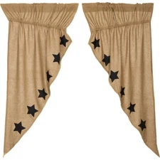 New Primitive Country Farmhouse Rustic BLACK STAR BURLAP PRAIRIE SWAGS Curtains