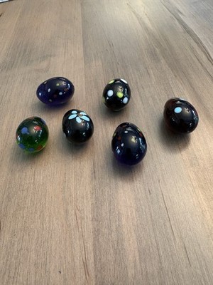 6 Vintage Murano Hand Painted And Kiln Fired Solid Glass Eggs Inch And A Half