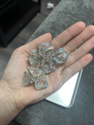 7-Piece DND Dice Set-CLEAR RESIN IRIDESCENT FLAKES + Silver Numbers, Sharp Edge