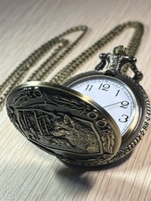 Wolf Pocket Watch Quartz Bronze Tone Open Face Forest Scene w/ Chain W16