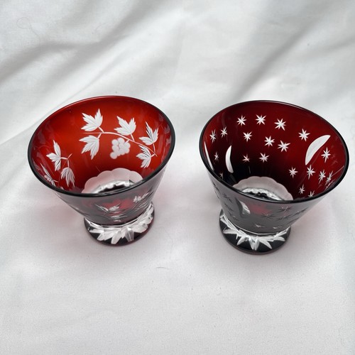 Bohemian Cut to Clear Ruby Red Crystal Glass Set Of 2 Cordials - Picture 2 of 5