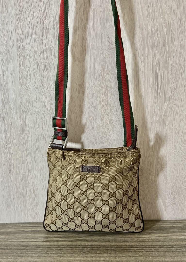 GUCCI Sherry Line Leather GG Canvas Beige Shoulder Bag