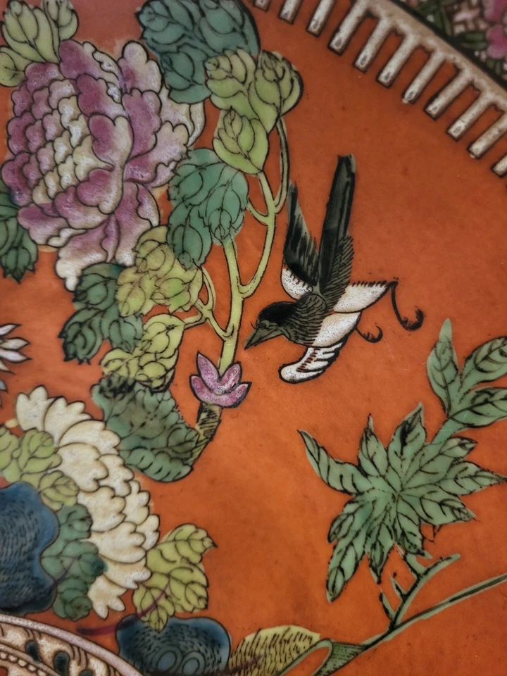 Vintage Chinese Charger Plate - Phoenix & Birds on Rich Orange Ground - Marked - Image 3 of 4
