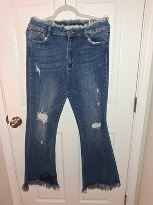 Risen Jean Womens 32 15 High Rise Flare Distressed Acid Light Wash Frayed Hem 