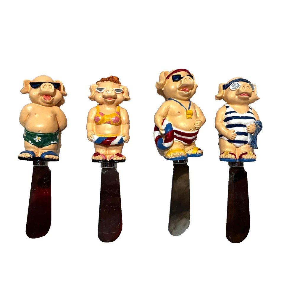 Tablescape Funny Pigs 4 piezas Tablero de Queso Aperitivo Esparcidores Cuchillos Playa Tema Foto 4 de 4