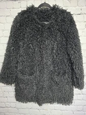 SMYTHE Faux Fur Shaggy Teddy Coat Size PM Black Boho Chic Patch Pockets Oversize