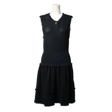 CHANEL Sleeveless Dress Cotton Ruffle Size 34 Black Women's